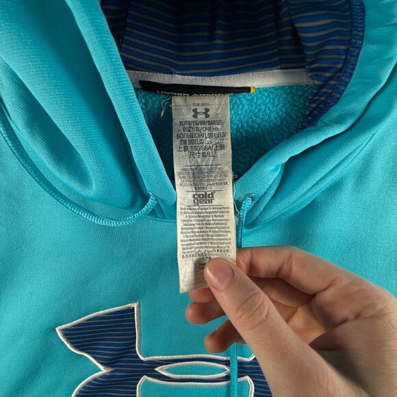 Under Armour Men Cold Gear Light Blue Hoodie Size XL Pullover Hooded Big Logo - Picture 11 of 16